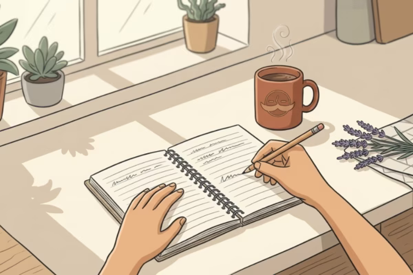 Person writing a goal in a notebook on a sunny kitchen counter with a coffee mug nearby