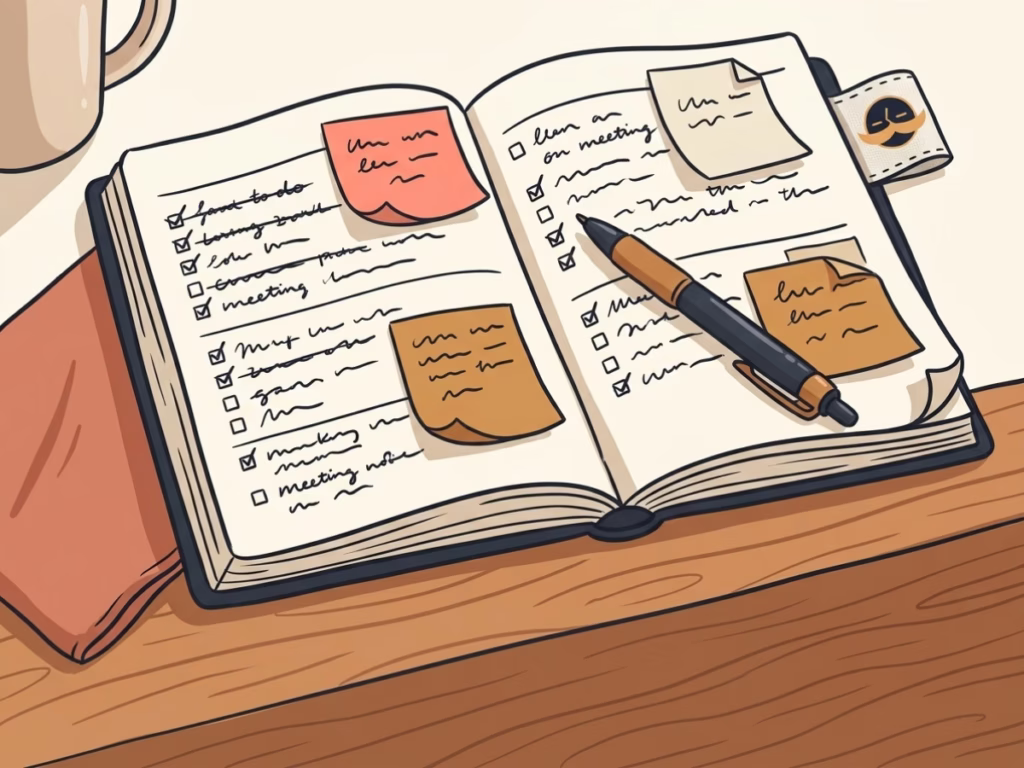 Cluttered planner with crossed-out tasks and sticky notes on a desk, suggesting an overwhelming schedule