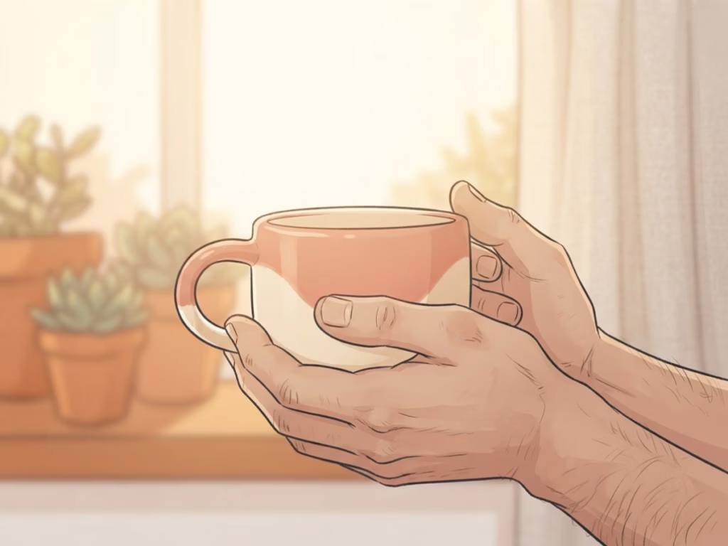 Hands cradling a warm mug by a sunny window, suggesting rest and intentional recovery