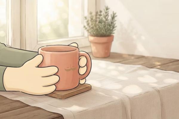 Man sitting by a sunny window with a coffee mug, looking out in quiet contentment