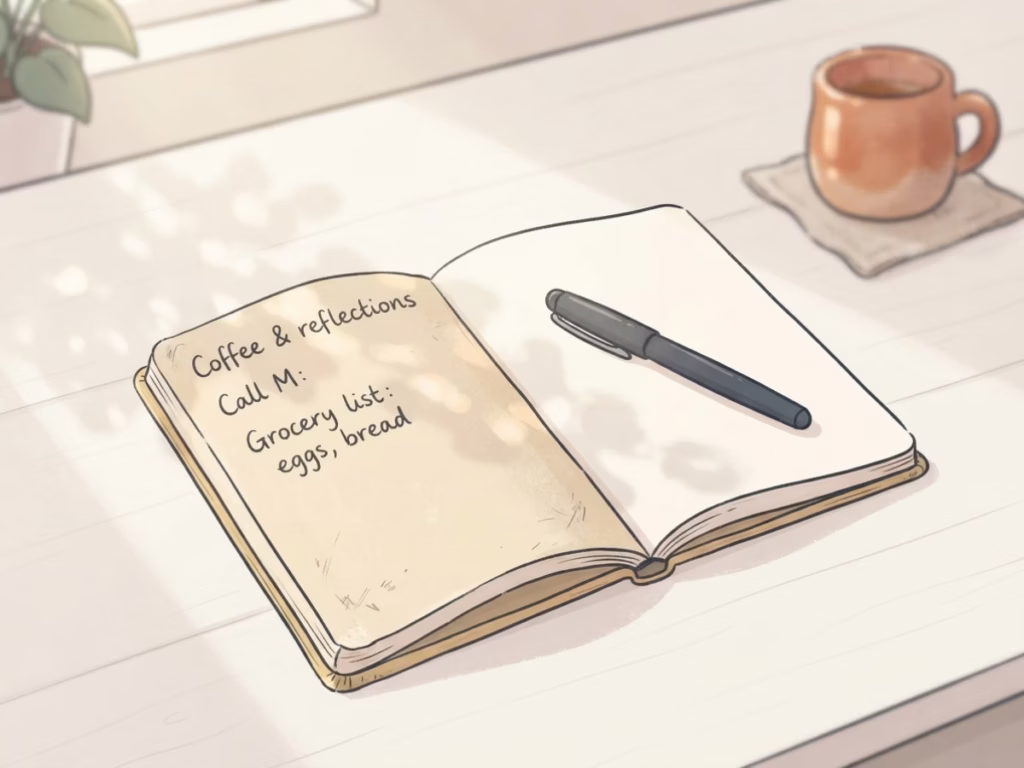 Open notebook with handwritten notes on a bright kitchen table, pen resting beside it