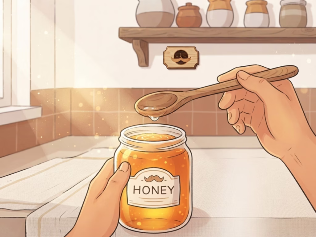 Close-up of a wet wooden spoon held above an open jar of honey, bright kitchen light