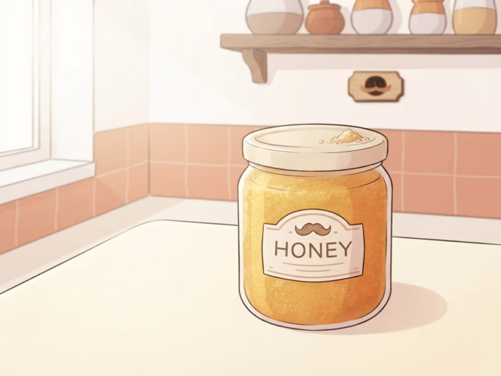 Jar of crystallized honey with grainy texture on a bright kitchen shelf, warm natural light