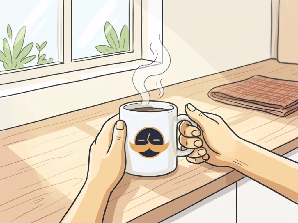 Hands wrapped around a single coffee mug on a sunny kitchen counter, conveying contentment with a simple choice