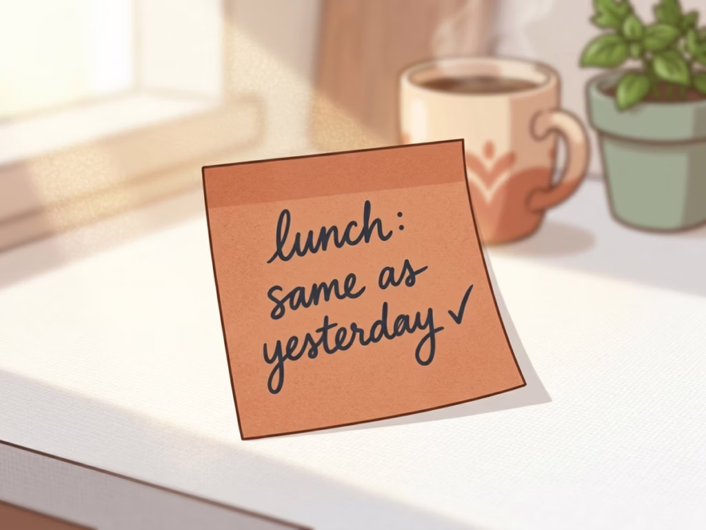 Hand-written sticky note on a sunny kitchen counter reading 'lunch: same as yesterday' with a checkmark