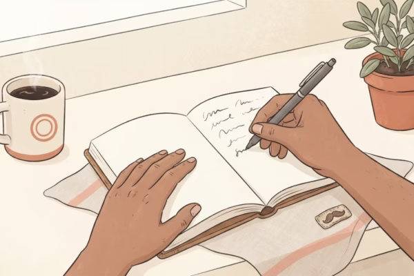 Person working at a bright, sunny kitchen counter, mid-task, warm cream and terracotta tones