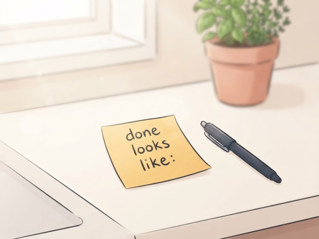 Handwritten sticky note on a sunny kitchen counter reading 'done looks like:' with a pen beside it