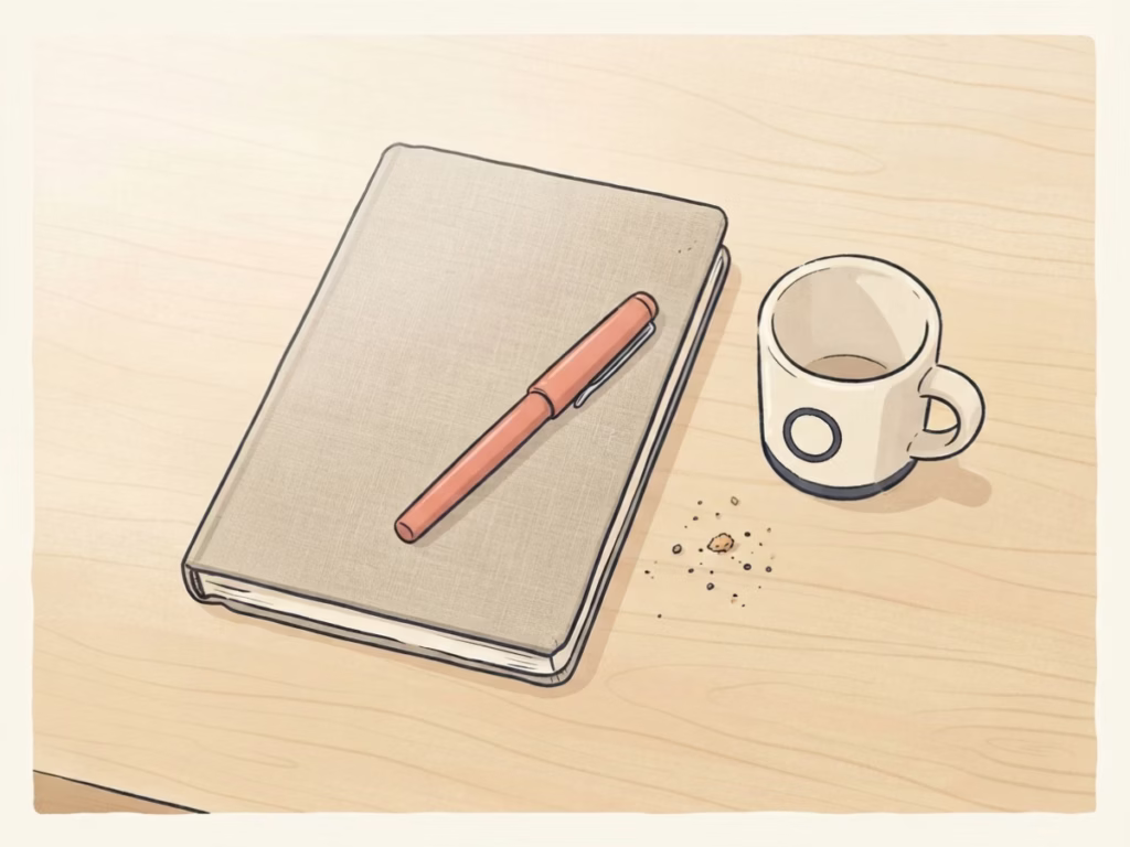 Overhead flatlay of a closed notebook and pen on a bright cream desk, task-complete feeling, warm morning light