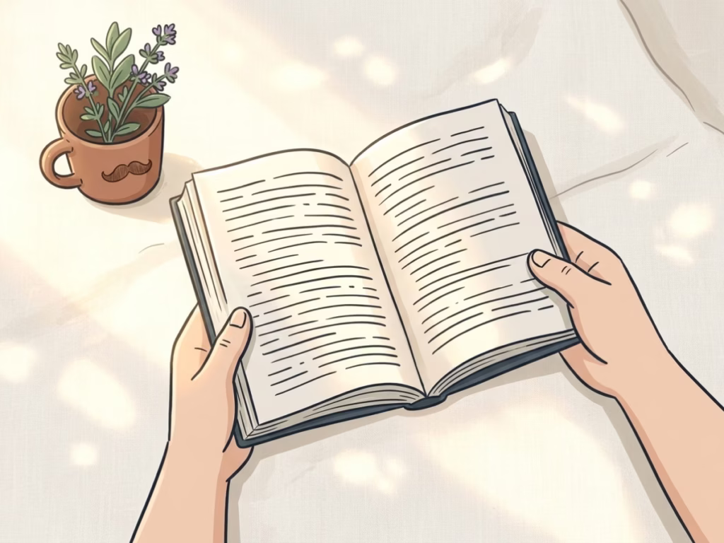 Person reading a book in natural light, a simple way to interrupt the Tetris effect loop before bed