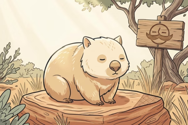 A common wombat resting on a rock in natural Australian scrubland, photographed in bright daylight