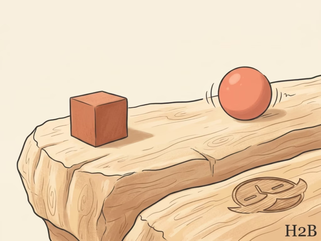 Side-by-side of a small cube sitting still and a sphere rolling on a sunlit rough rock surface, illustrating anti-roll geometry