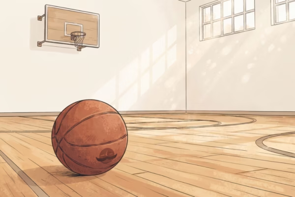 A basketball mid-arc toward a plain gym backboard in a quiet, empty court, boring on purpose.