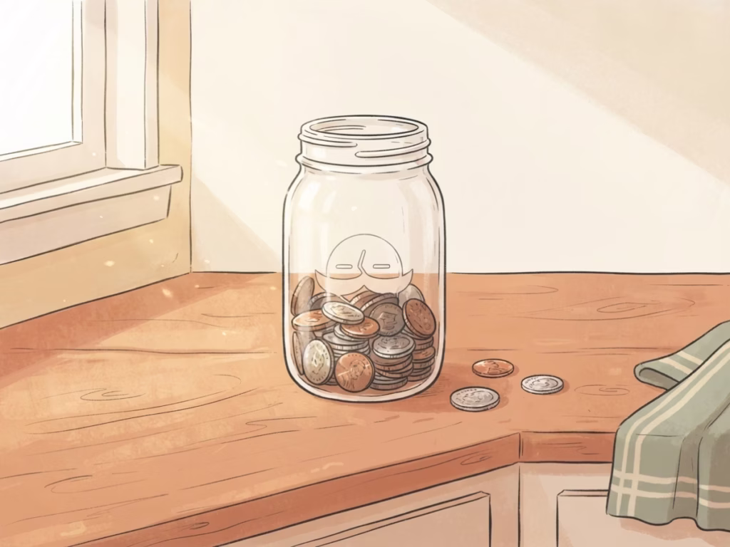 A glass jar of coins on a sunny kitchen counter, the quiet compounding of showing up every day.