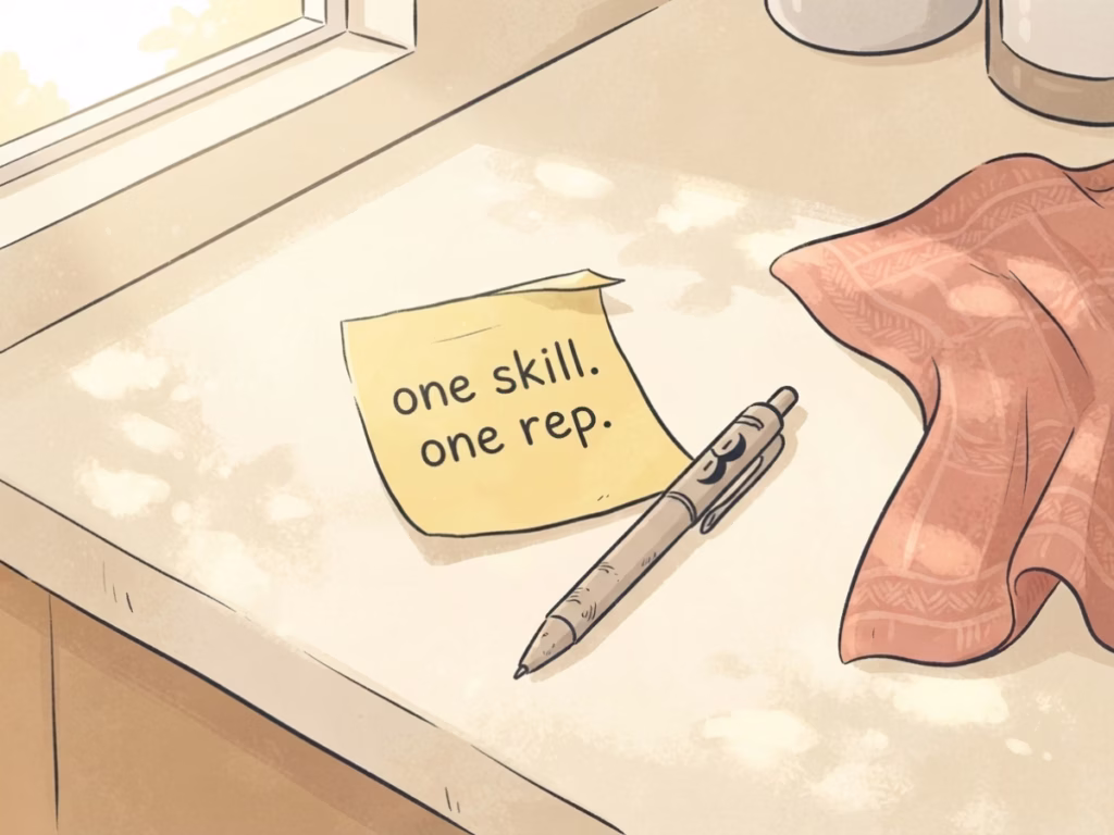 A handwritten sticky note on a sunny counter reading 'one skill. one rep.' — the whole Tim Duncan framework.