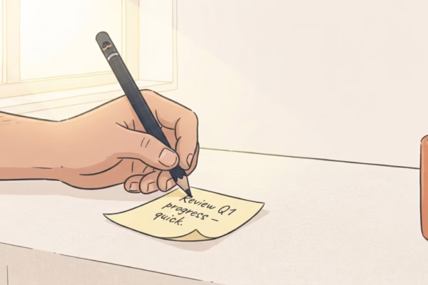 Hand writing a short to-do note on a sticky note on a bright cream desk, 2-minute rule for procrastination