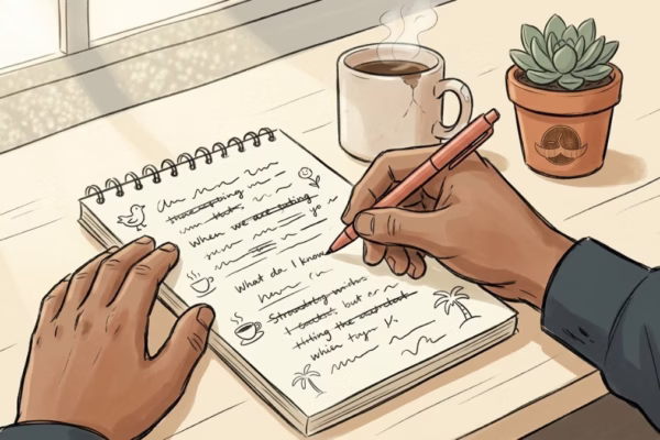 Hands writing messy notes in an open notebook on a bright, sunlit desk. Week 0 mindset