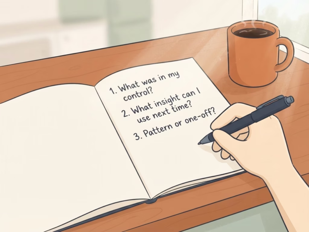 Hand-written three-question mistake review in an open notebook on a sunny counter, learning from fumbles