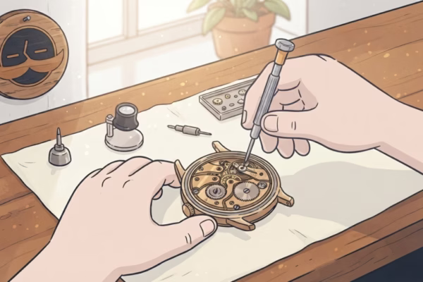 Watchmaker's hands working on a mechanical watch movement at a sunlit wooden workbench