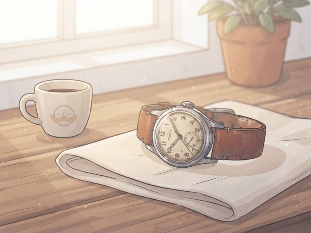 Close-up of a vintage mechanical watch face with a worn patina on a warm cream linen surface