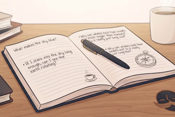 Open handwritten notebook on a sunlit wooden desk, pen resting beside it