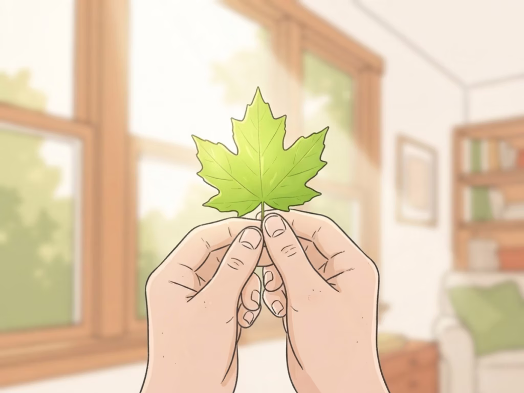 Hands holding a single green leaf up to bright natural window light, close-up