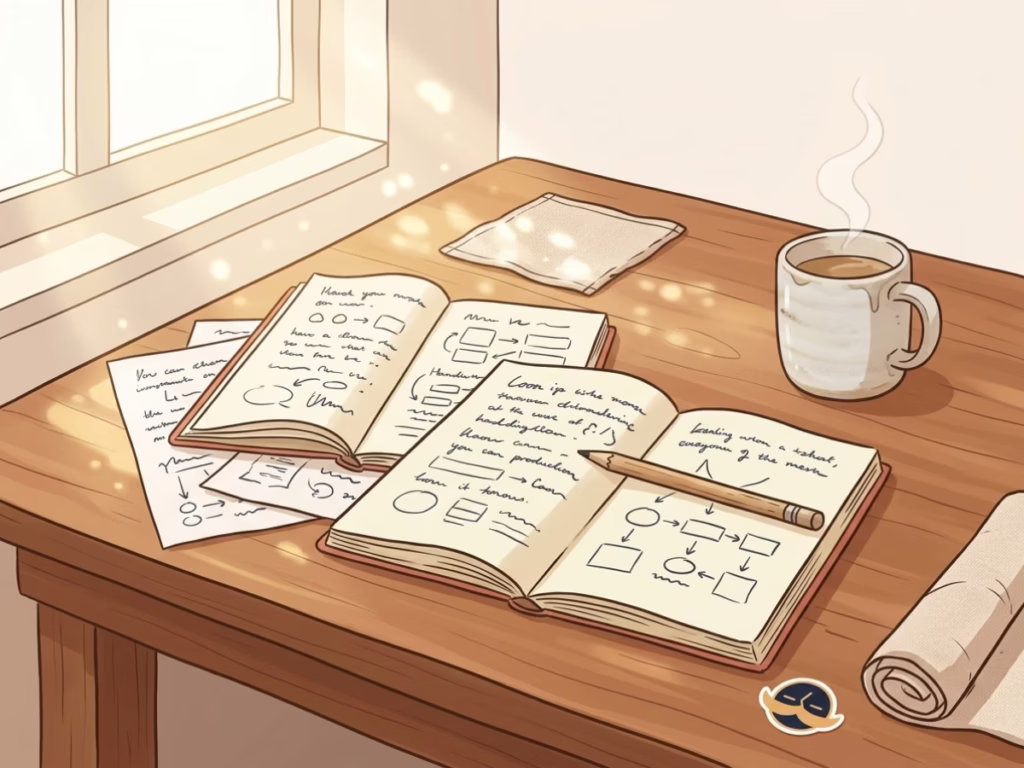 Cheerful cluttered desk with open notebooks, loose sketched pages, and a coffee mug in morning light