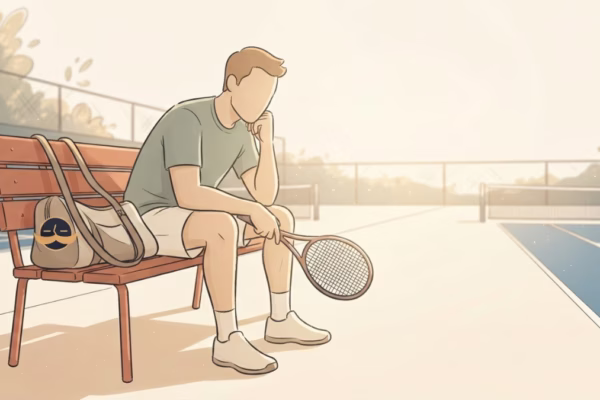Tennis player sitting courtside after a match, racket in hand, reflecting on a loss