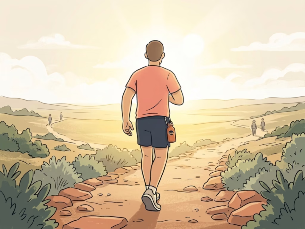 Person walking purposefully toward bright open daylight on a sunlit path, viewed from behind