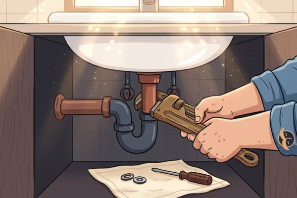 Hands tightening a faucet fitting under a bright bathroom sink, basic tools on the counter nearby