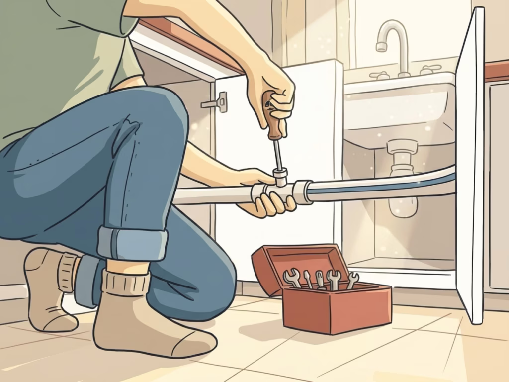 Person crouched calmly under a kitchen sink, focused on a pipe fitting, tools spread on the floor beside them