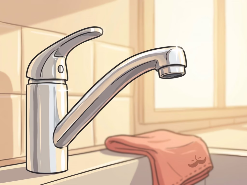 Bright sunlit close-up of a chrome kitchen faucet spout with no drip, warm morning light on cream tile backsplash