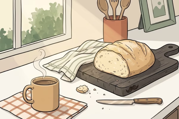 A dense, pale homemade loaf of bread on a wooden cutting board in a bright morning kitchen