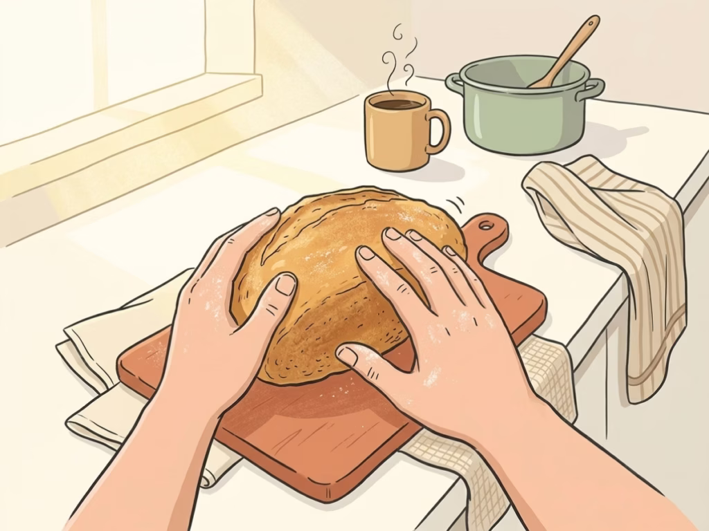 Hands tapping the bottom of a freshly baked homemade bread loaf to check if it's done