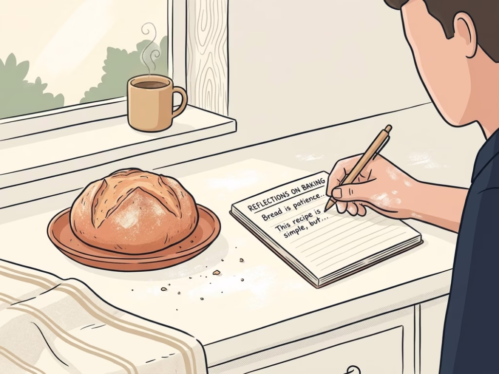 Hand writing baking notes in a notebook beside a homemade bread loaf on a sunny kitchen counter