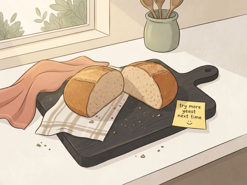 Cross-section of a dense homemade bread loaf beside a handwritten sticky note on a bright kitchen counter