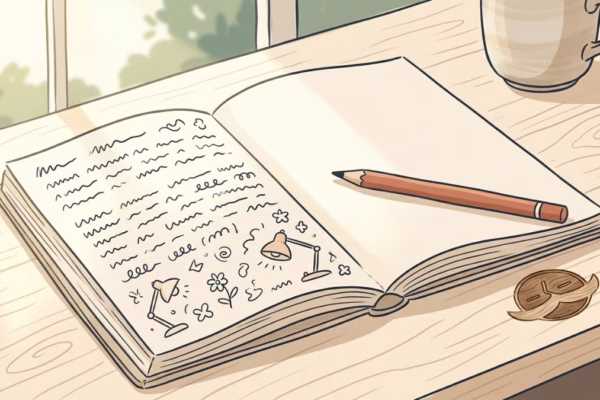 Open notebook with handwritten notes half-filled, pencil resting mid-page, warm morning light