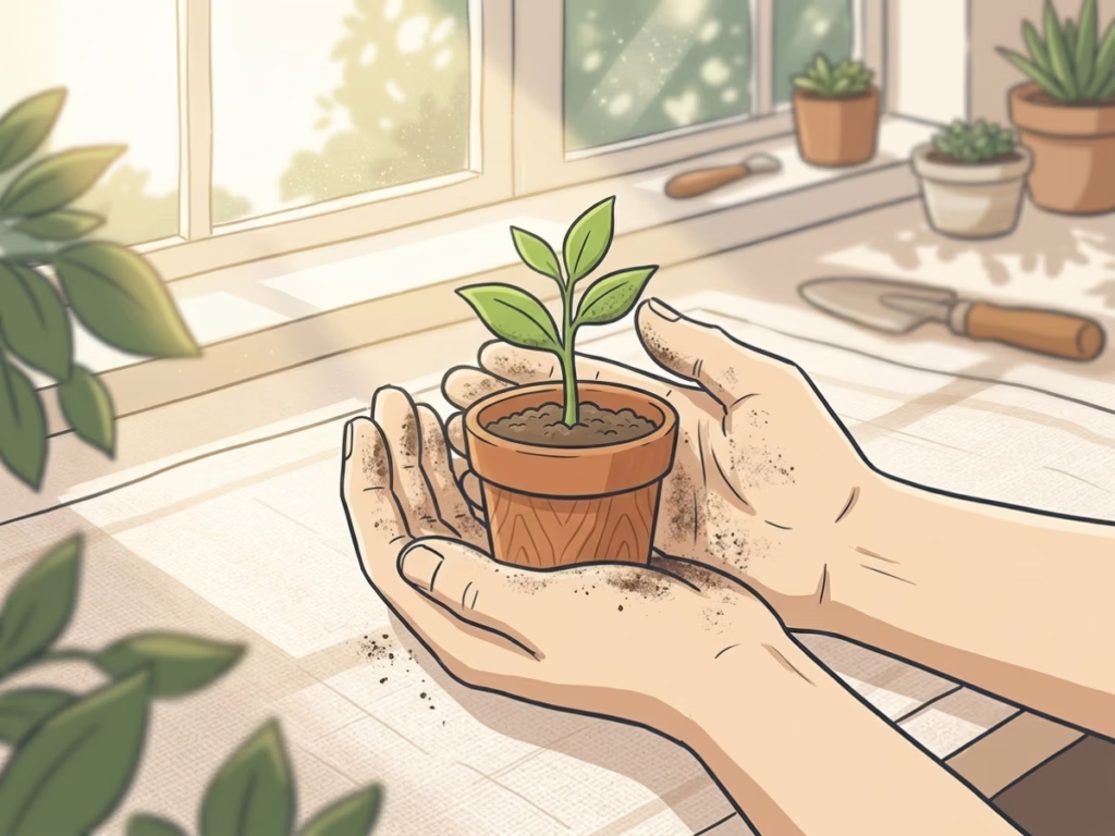 Hands cupping a small green seedling in bright natural light, warm and hopeful
