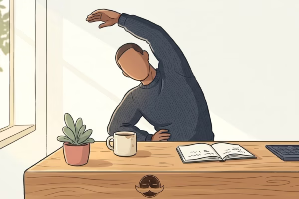 Person doing a neck tilt stretch at a standing desk in a bright, sunlit home office