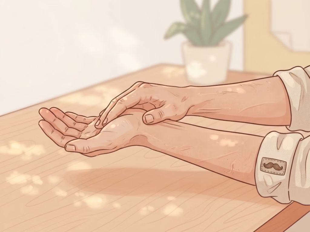 Close-up of hands doing a wrist and forearm stretch, fingers pulled gently back, bright natural light