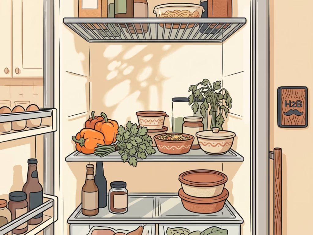 Slightly cluttered open refrigerator with forgotten produce in the back, quiet cost of the hustle