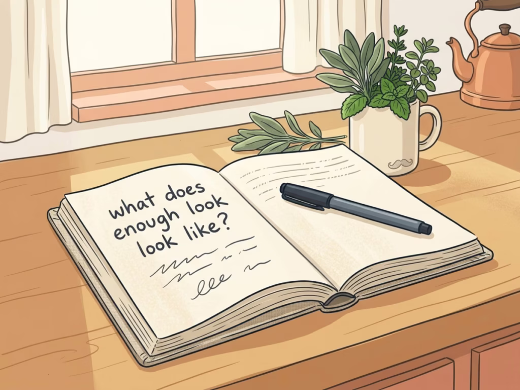 Open notebook with handwritten 'what does enough look like?' on a bright sunny kitchen counter