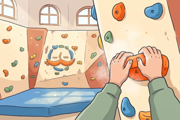 Person landing on bouldering mat after falling from a colorful indoor climbing wall