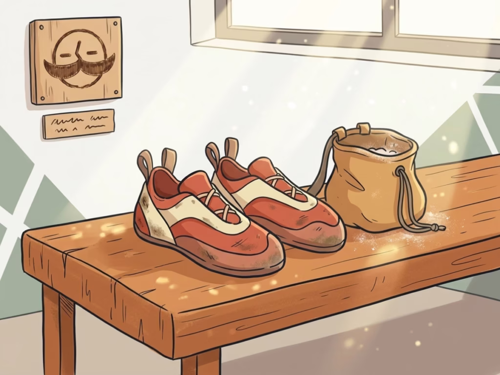 A pair of rental climbing shoes on a gym floor, unpretentious and ready to use