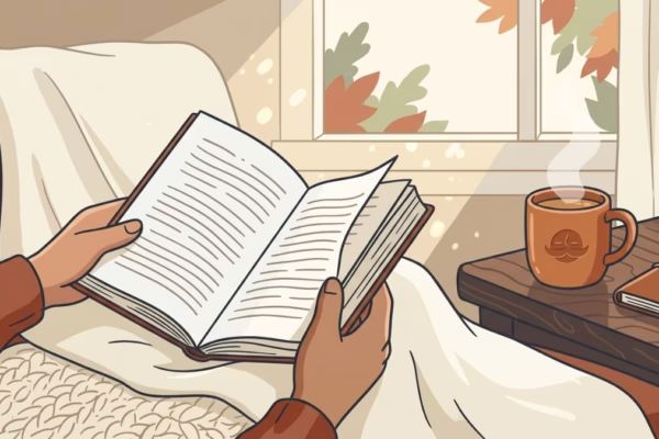 Person reading a book on a couch with a warm mug, soft autumn afternoon light through the window