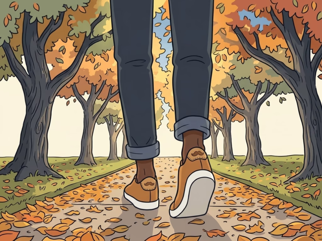 Person walking on a leaf-covered path in cool autumn morning light, relaxed pace, trees overhead