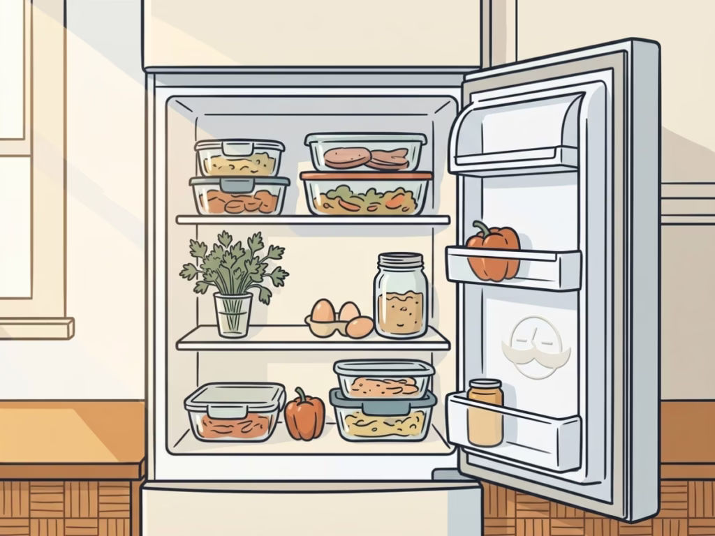 Open refrigerator with simple leftover containers and fresh produce, honest and unfussy, warm kitchen light