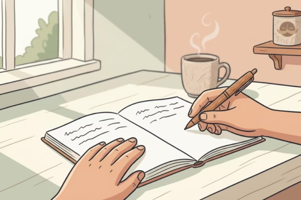 Person sitting at a sunlit table with an open notebook and pen, looking thoughtful