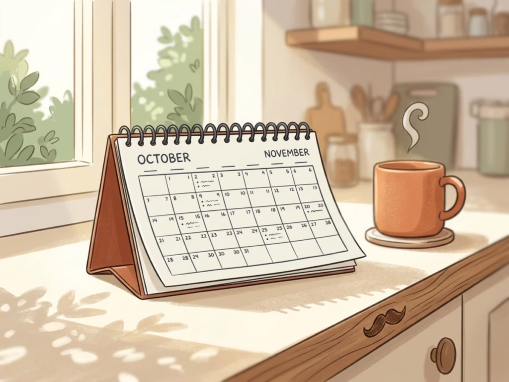 A simple wall calendar on a bright kitchen counter in warm morning light