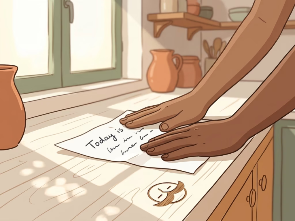 Hands smoothing a folded piece of paper flat on a warm sunlit kitchen counter