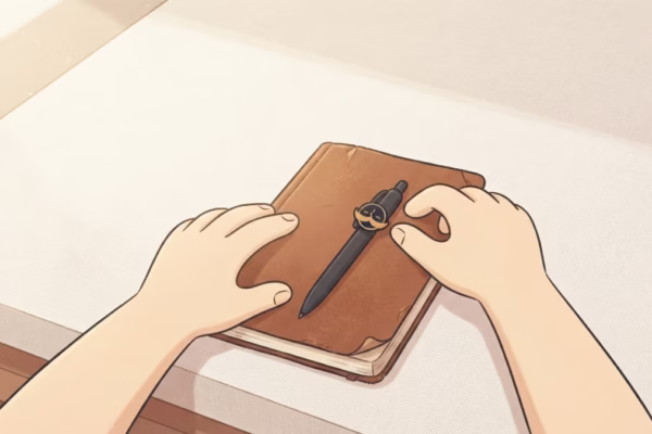 Person capping a pen beside a closed notebook on a sunny kitchen counter, choosing good enough deliberately